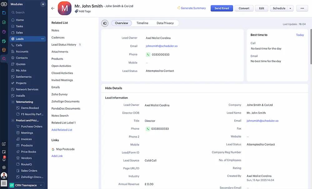 Zoho CRM Integration Interface